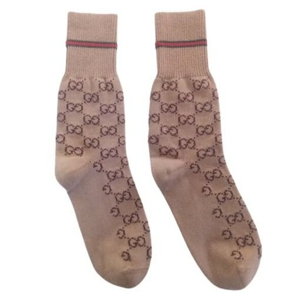 GUCCI | Web Stripe Camel Brown GG Logo Jacquard Knit Calf Socks Unisex Pre-Owned - Picture 2 of 12